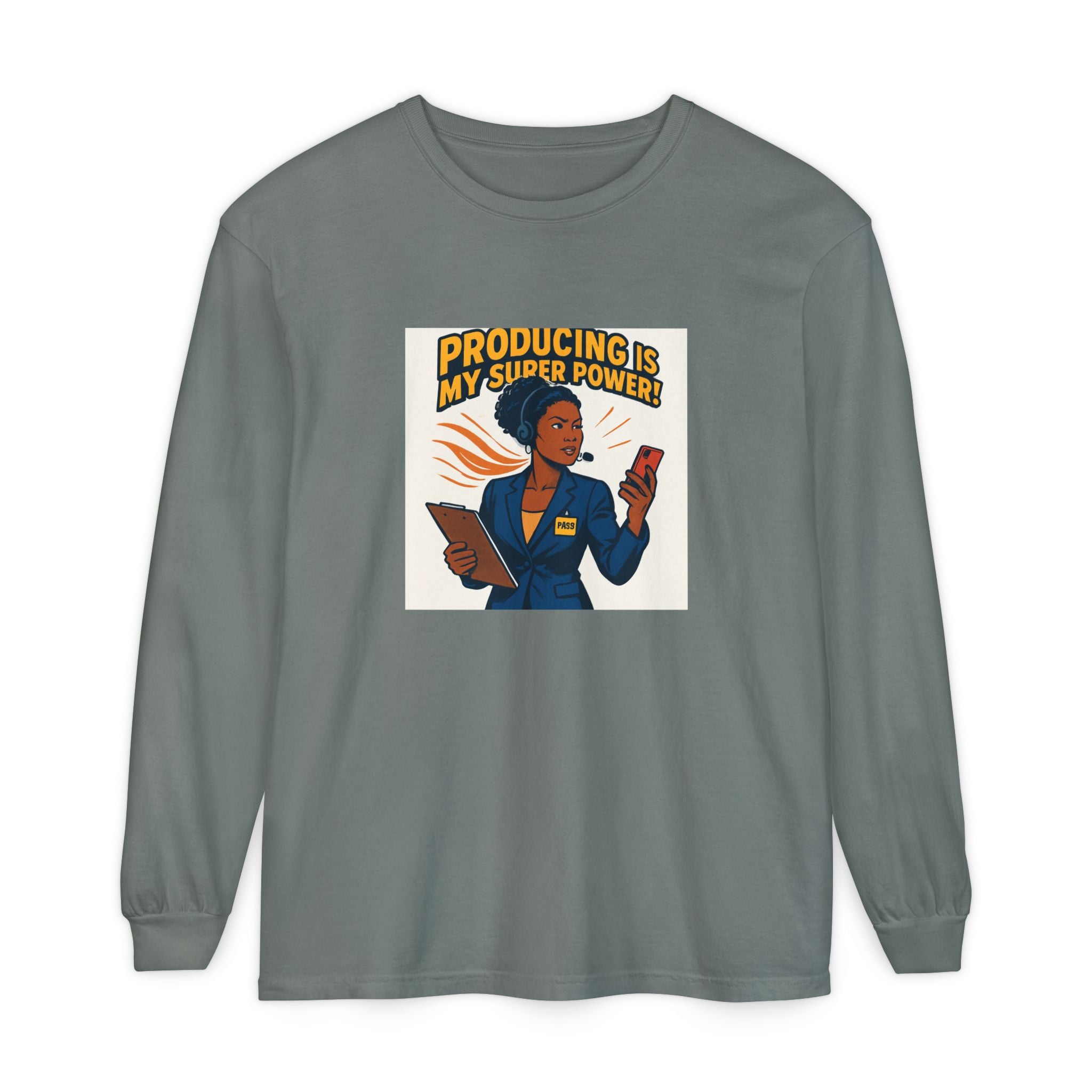 News Producer Power Long Sleeve Tee — "Producing Is My Superpower" Graphic