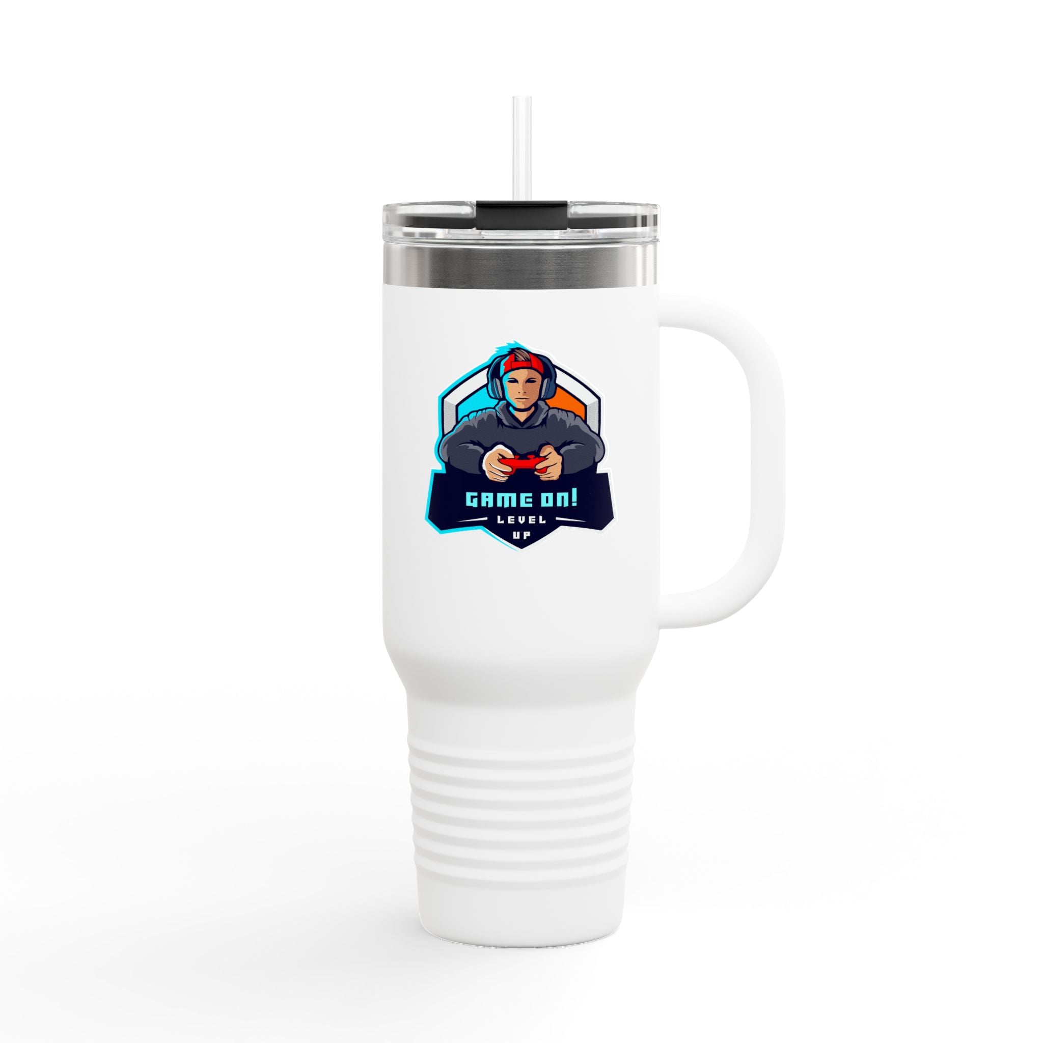 40oz Insulated Travel Mug — Gamer "Game On" Graphic, Thermal Tumbler for Gamers & Streamers
