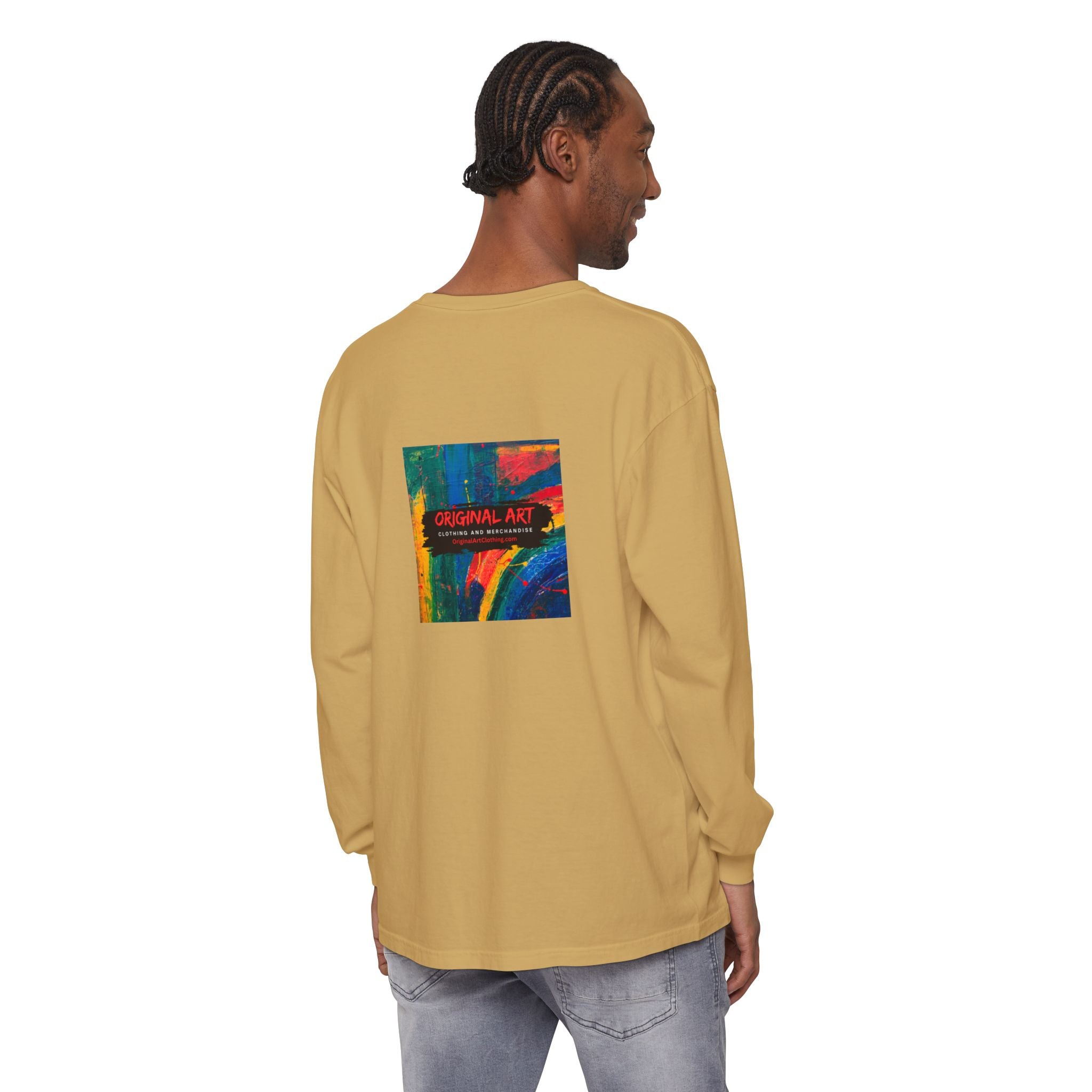 Teacher Long Sleeve T‑Shirt — “I teach. I help small humans become big thinkers.” with Colorful Original Art on Back