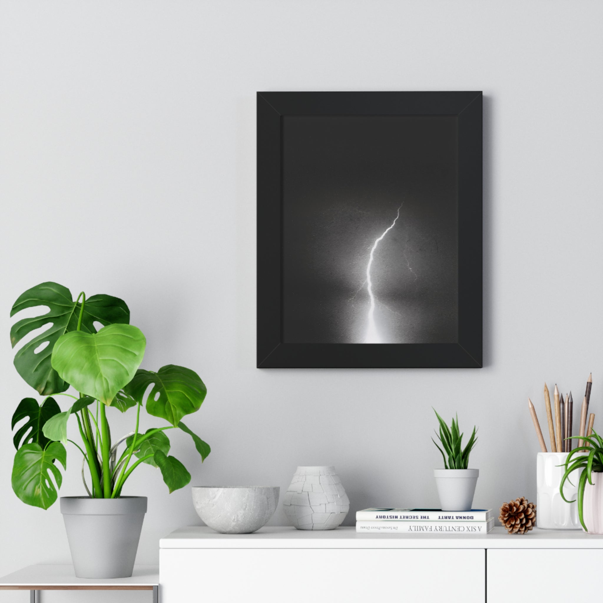 Lightning Strike Framed Poster — Moody Black & White Vertical Wall Art