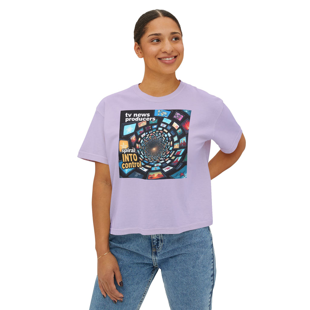 "TV News Producers Spiral INTO Control"... Women's Boxy Tee, Trendy Graphic Shirt, Casual Wear, Gift for TV Lovers, Summer Top, Artsy Tee