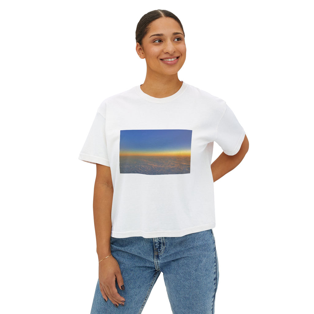 Sunset Horizon Boxy Tee — Women's Crop Graphic Tee