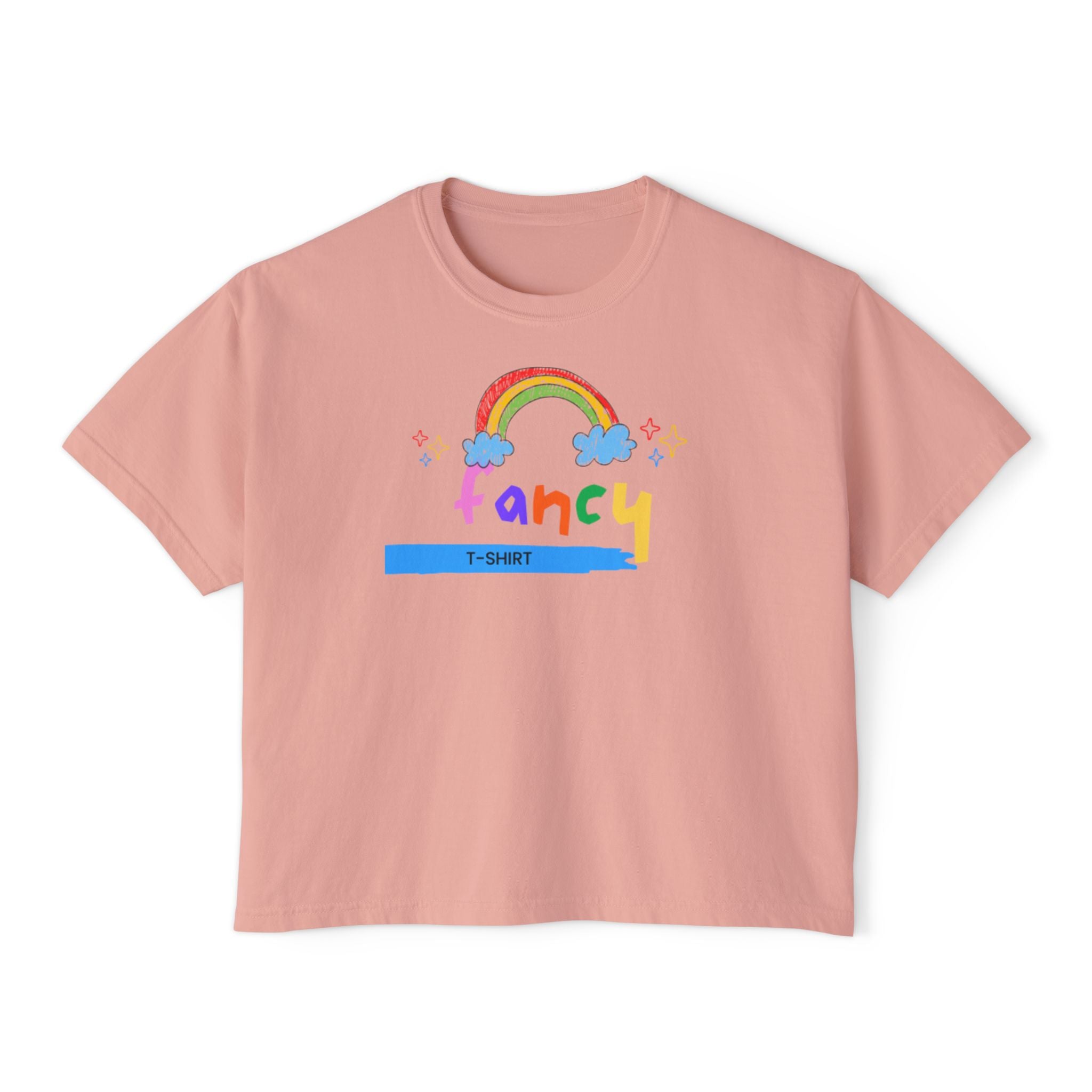 Fancy Rainbow Boxy Tee — Colorful 'Fancy' Graphic Women's Shirt