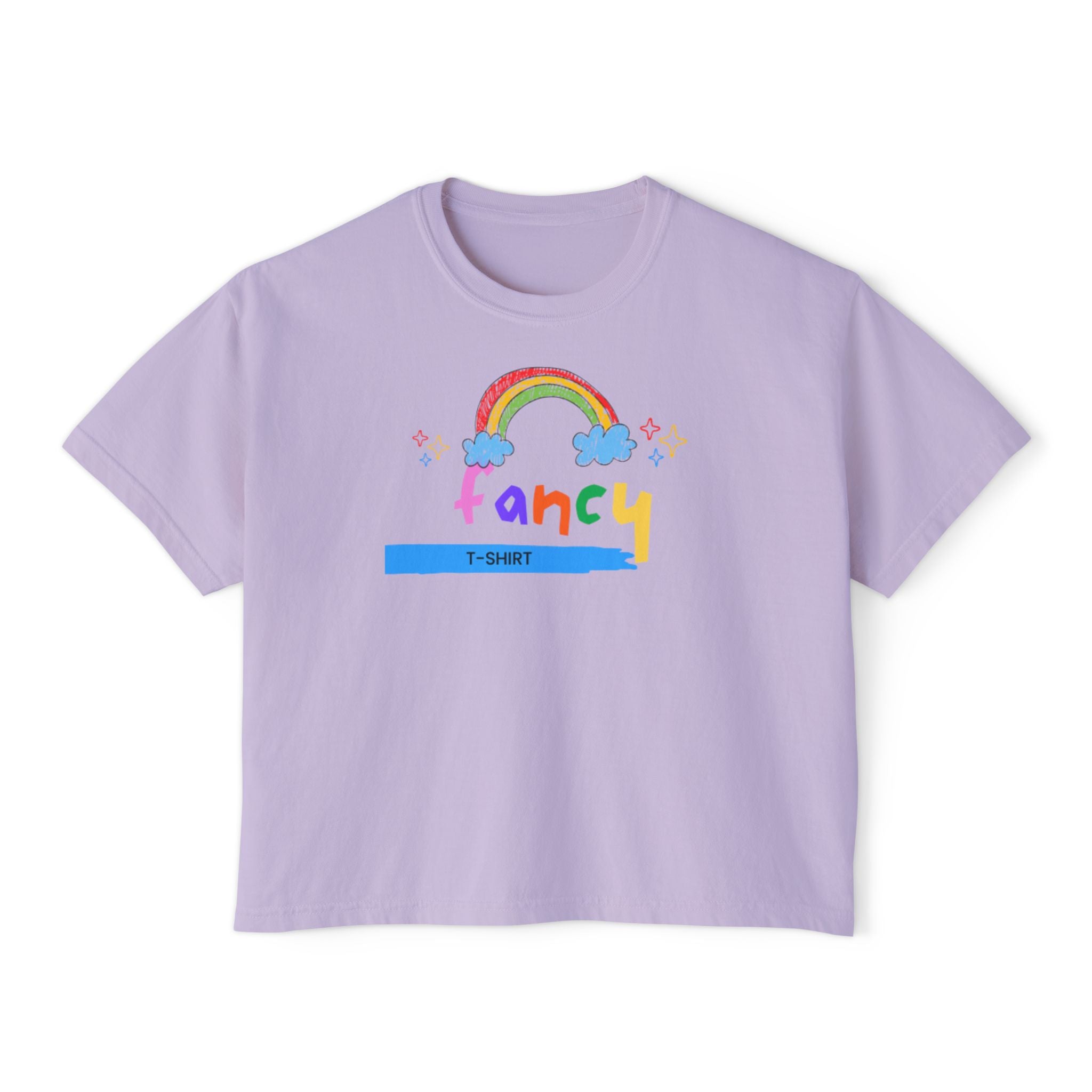 Fancy Rainbow Boxy Tee — Colorful 'Fancy' Graphic Women's Shirt