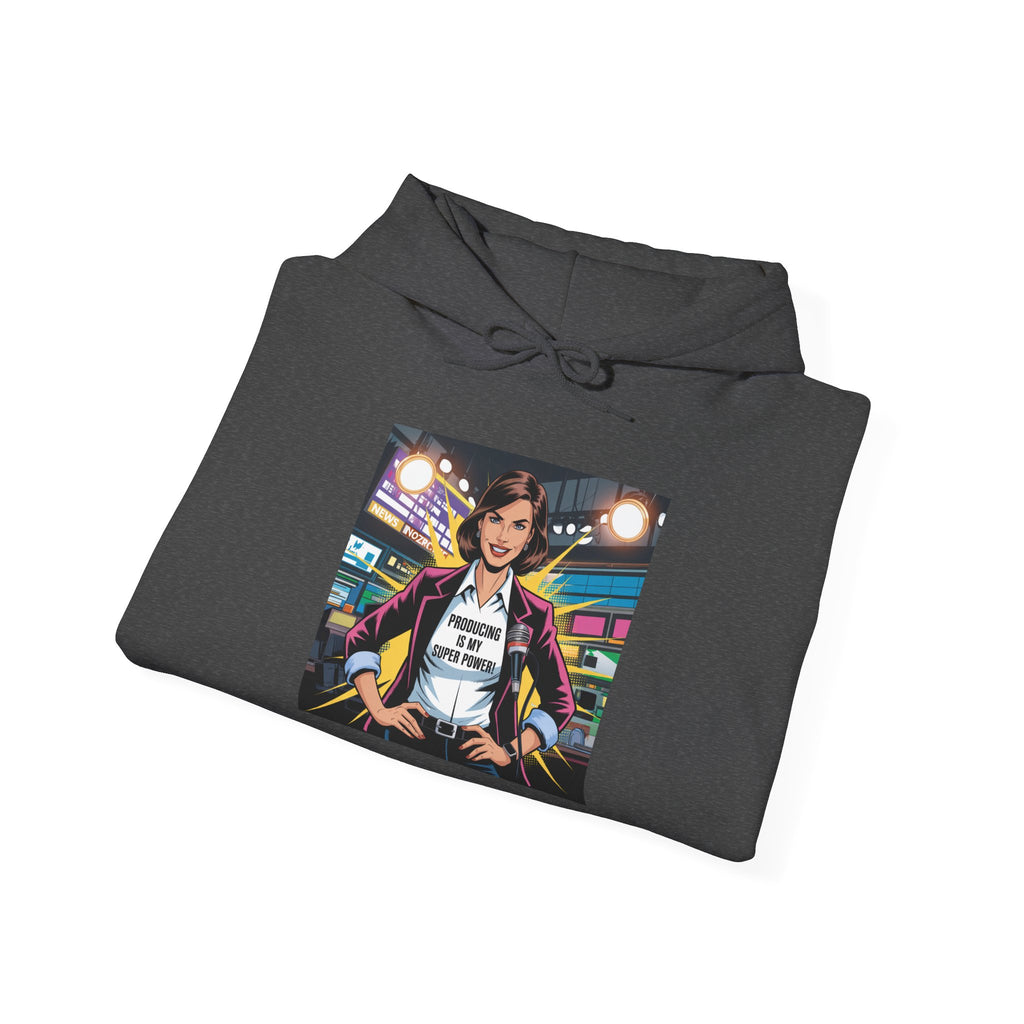 "Producing is My Super Power!" Retro Arcade Girl Graphic Hoodie — "Original Art" Back Print