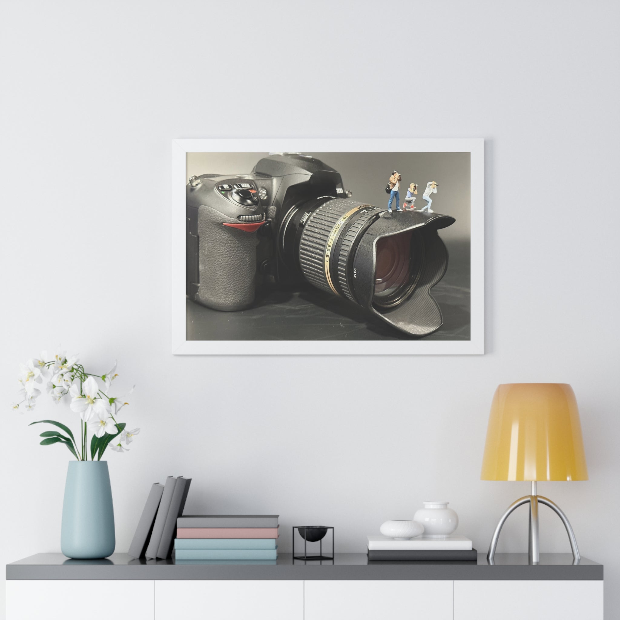 Framed Photo Art — Camera with Miniature Figures (Horizontal Poster)
