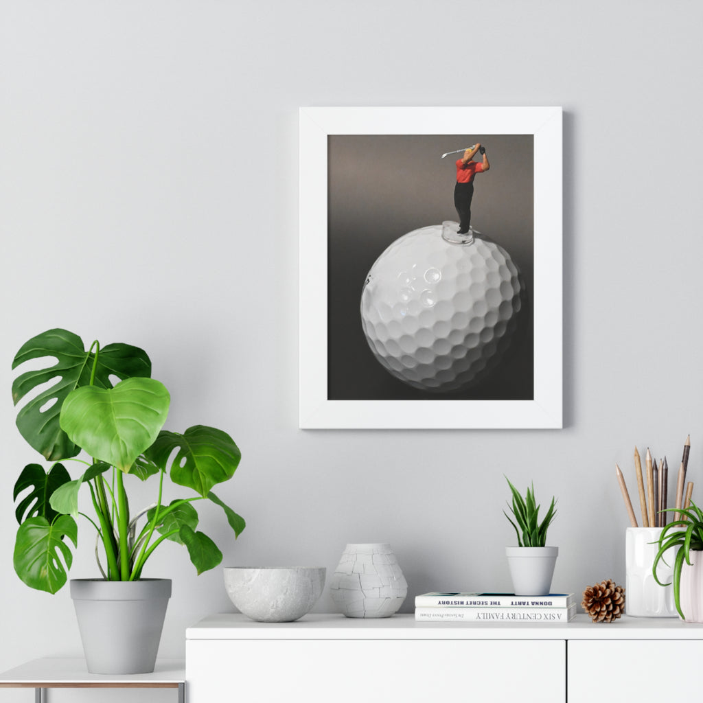 Golf Swing Framed Poster — Miniature Golfer on Giant Golf Ball (Vertical)