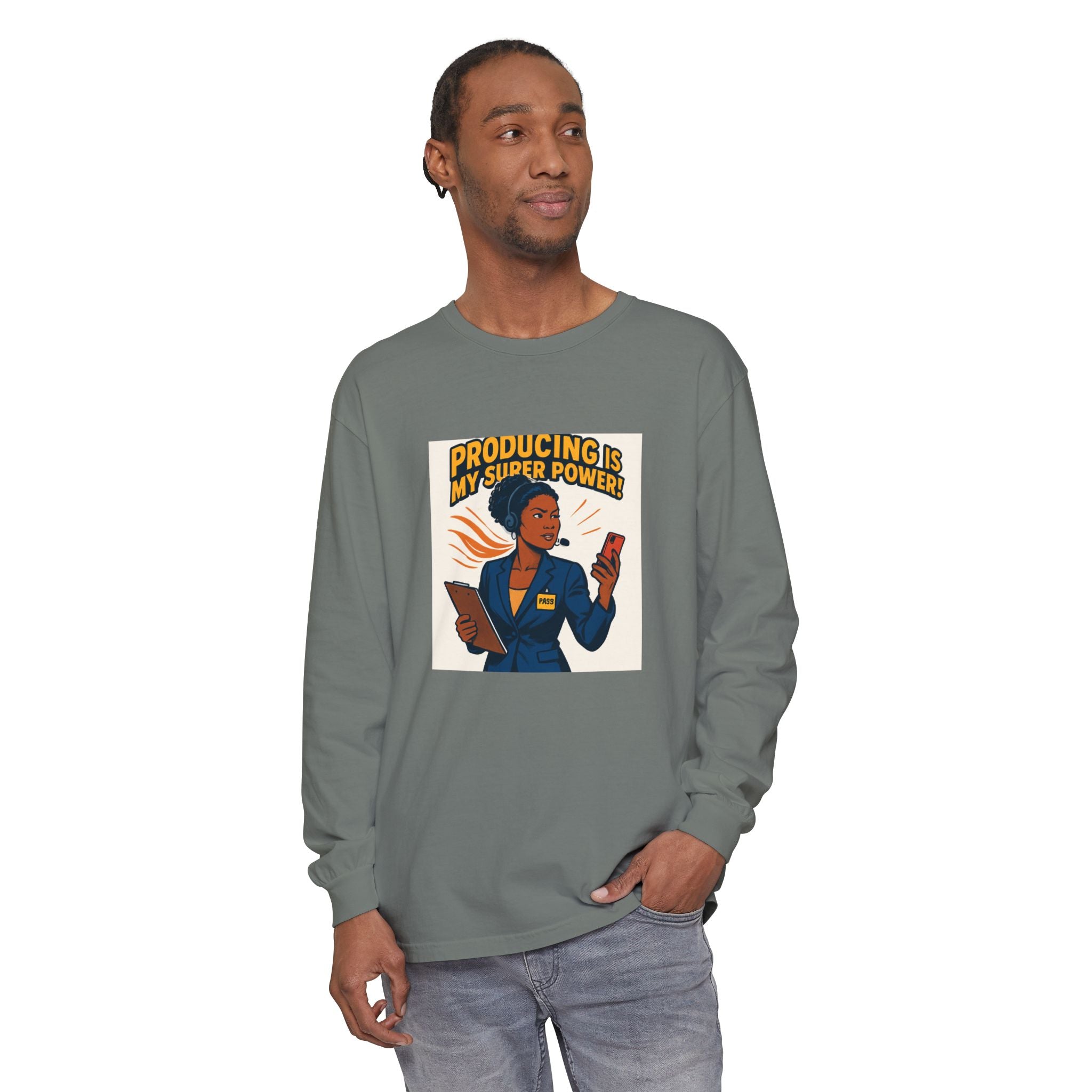 News Producer Power Long Sleeve Tee — "Producing Is My Superpower" Graphic