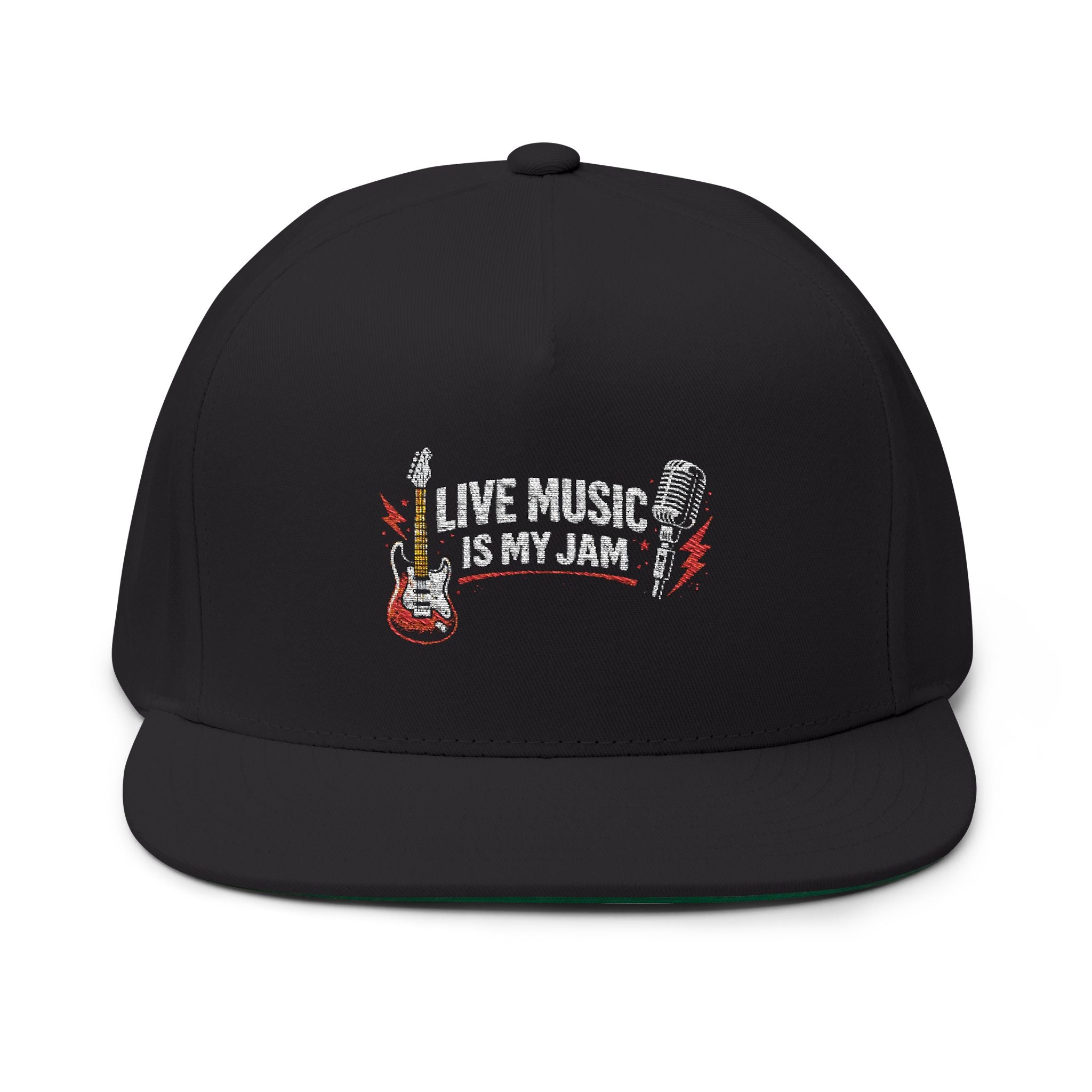 Live Music Is My Jam Embroidered Flat Bill Cap — Guitar & Mic Music Lover Snapback