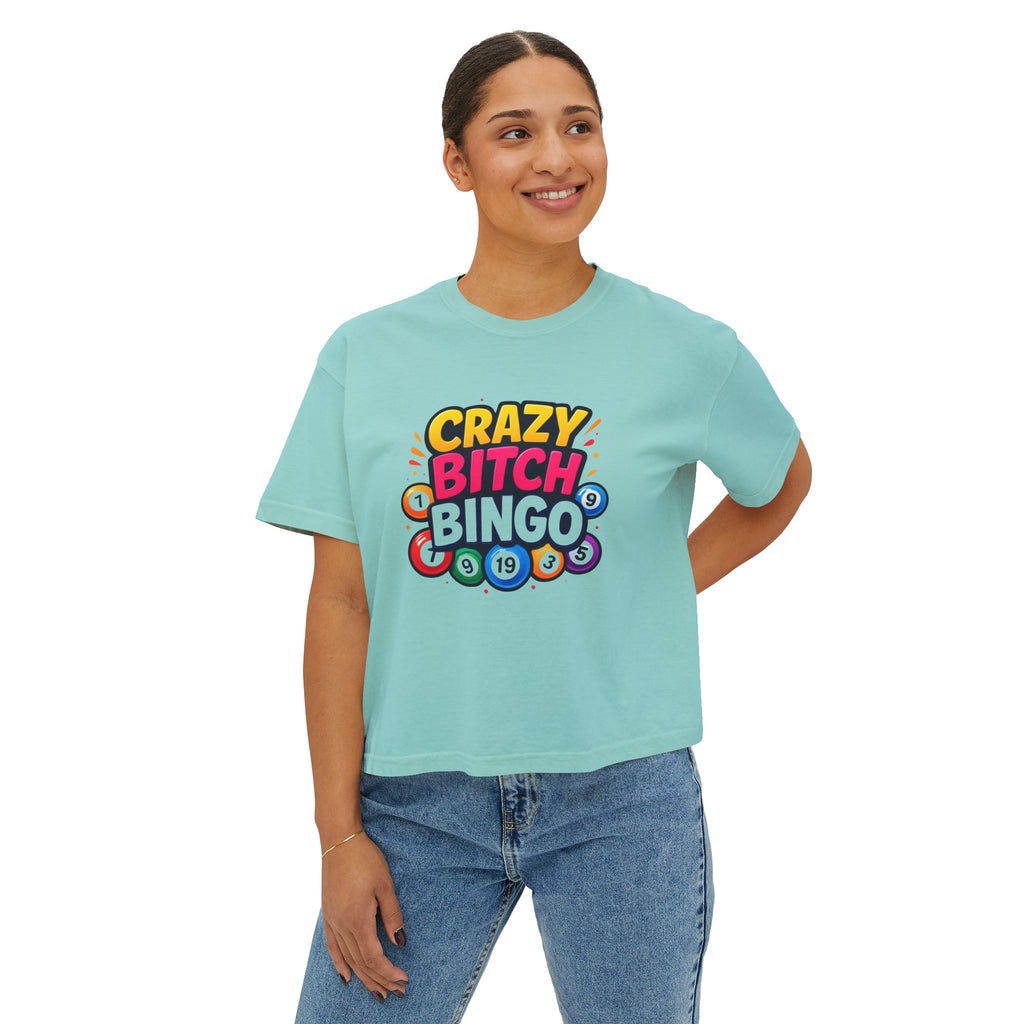 Crazy Bitch Bingo Women's Boxy Tee — Funny Bingo Graphic Crop Shirt