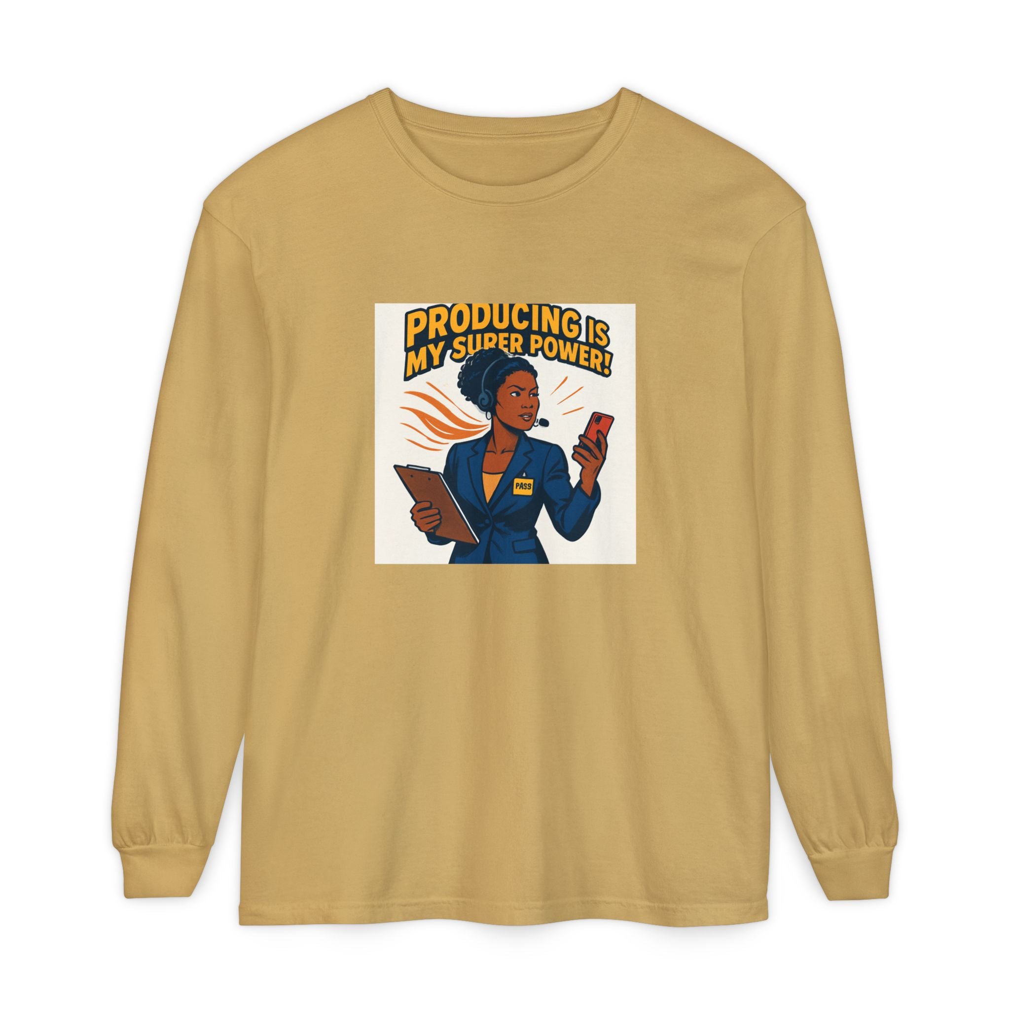 News Producer Power Long Sleeve Tee — "Producing Is My Superpower" Graphic