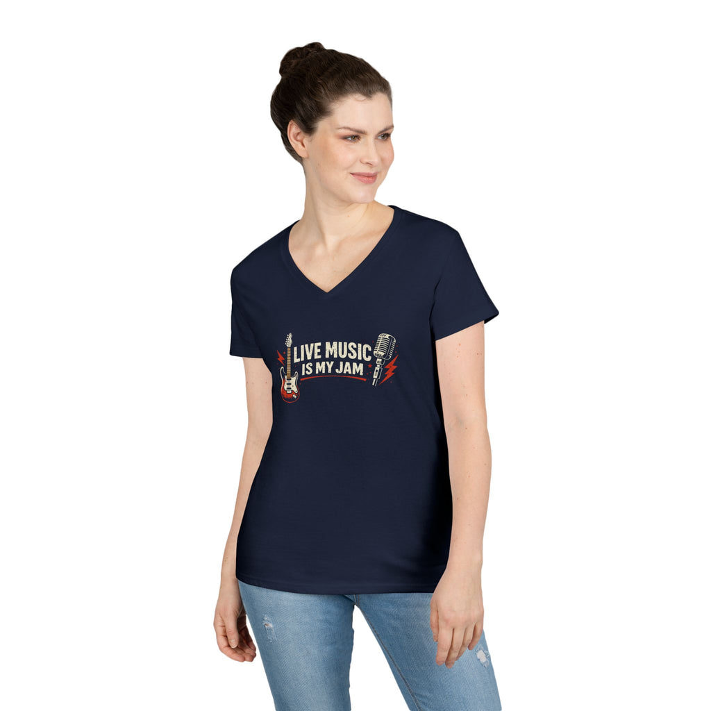 Live Music Is My Jam Ladies' V-Neck T-Shirt — Colorful 'Original Art' Back Print