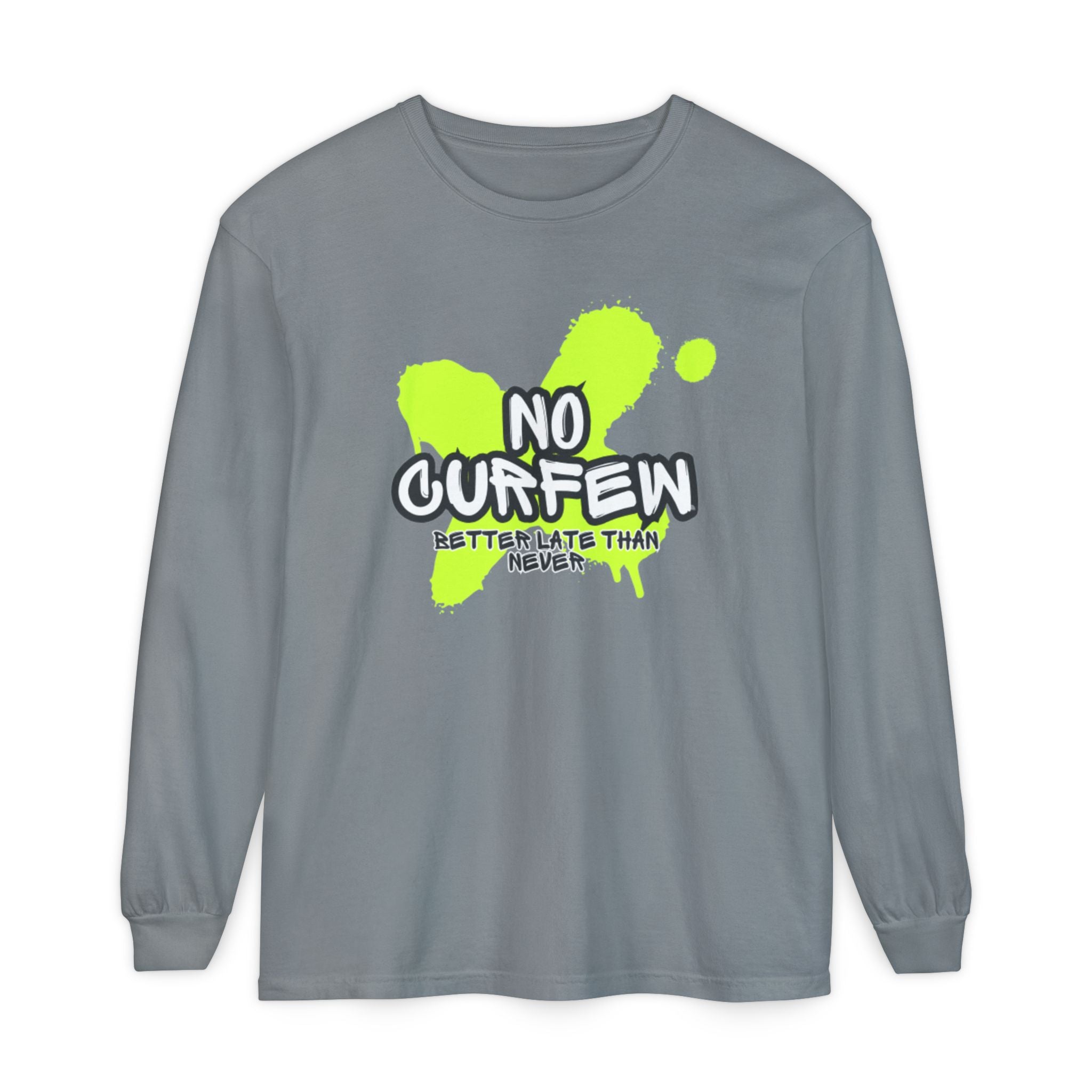 Unisex Long Sleeve Graphic Tee - Fun 'No Curfew' Design for Casual Wear, Gifts, Parties, Festivals, Youth Style