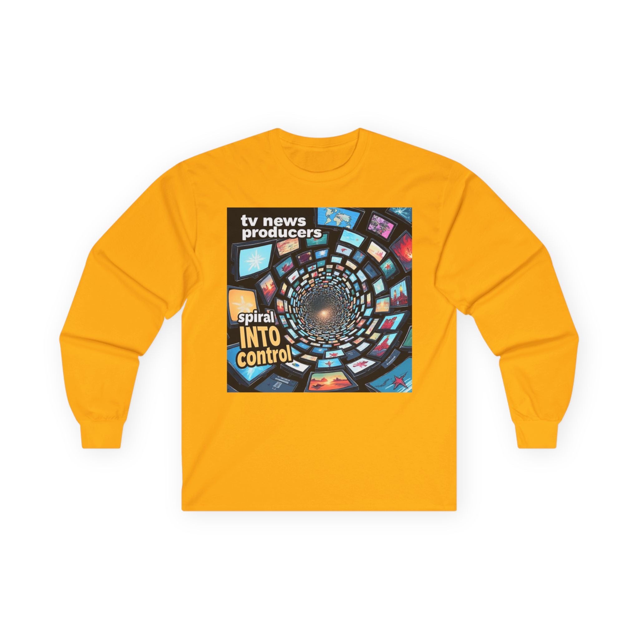 TV News Producers Spiral Into Control! Long Sleeve Tee, Unisex Graphic Tee, Gift for TV Lovers, Unique Media Shirt, Trendy Streetwear, Casual Everyday Wear