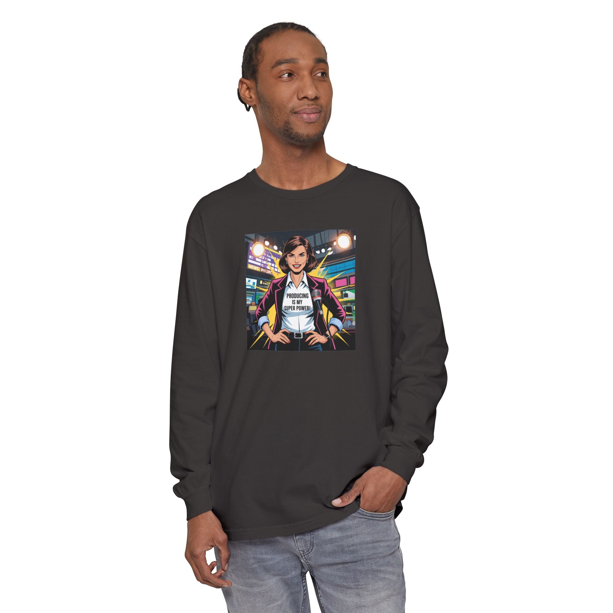 Producing is my super power! Long Sleeve T‑Shirt — Retro Comic Book Girl Graphic (Original Art)