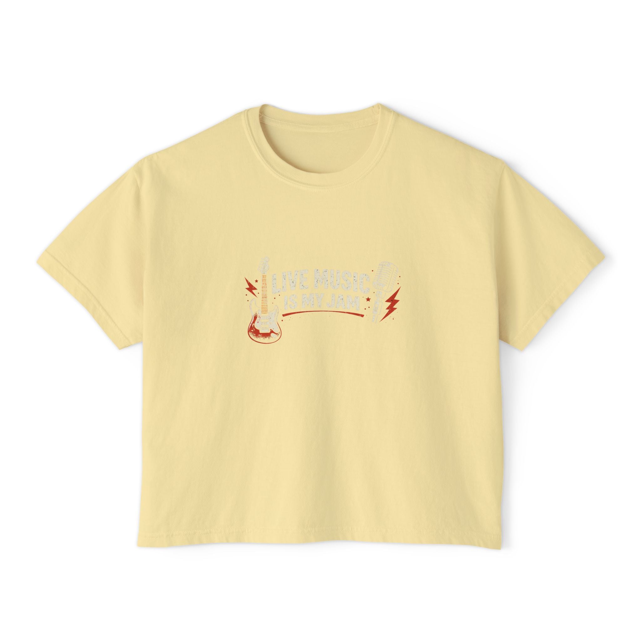 Live Music Is My Jam Boxy Tee — Retro Guitar Graphic Crop Tee