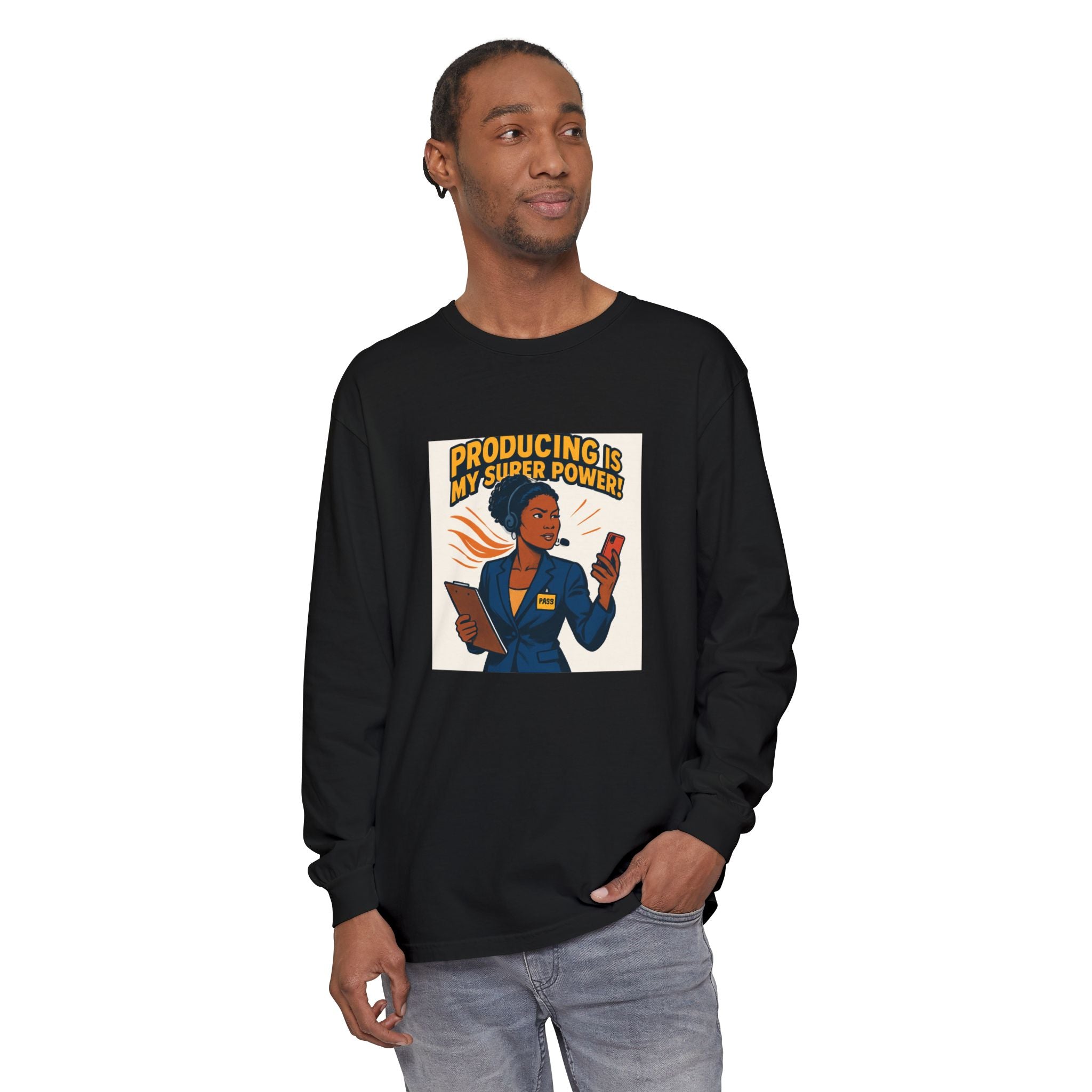 News Producer Power Long Sleeve Tee — "Producing Is My Superpower" Graphic