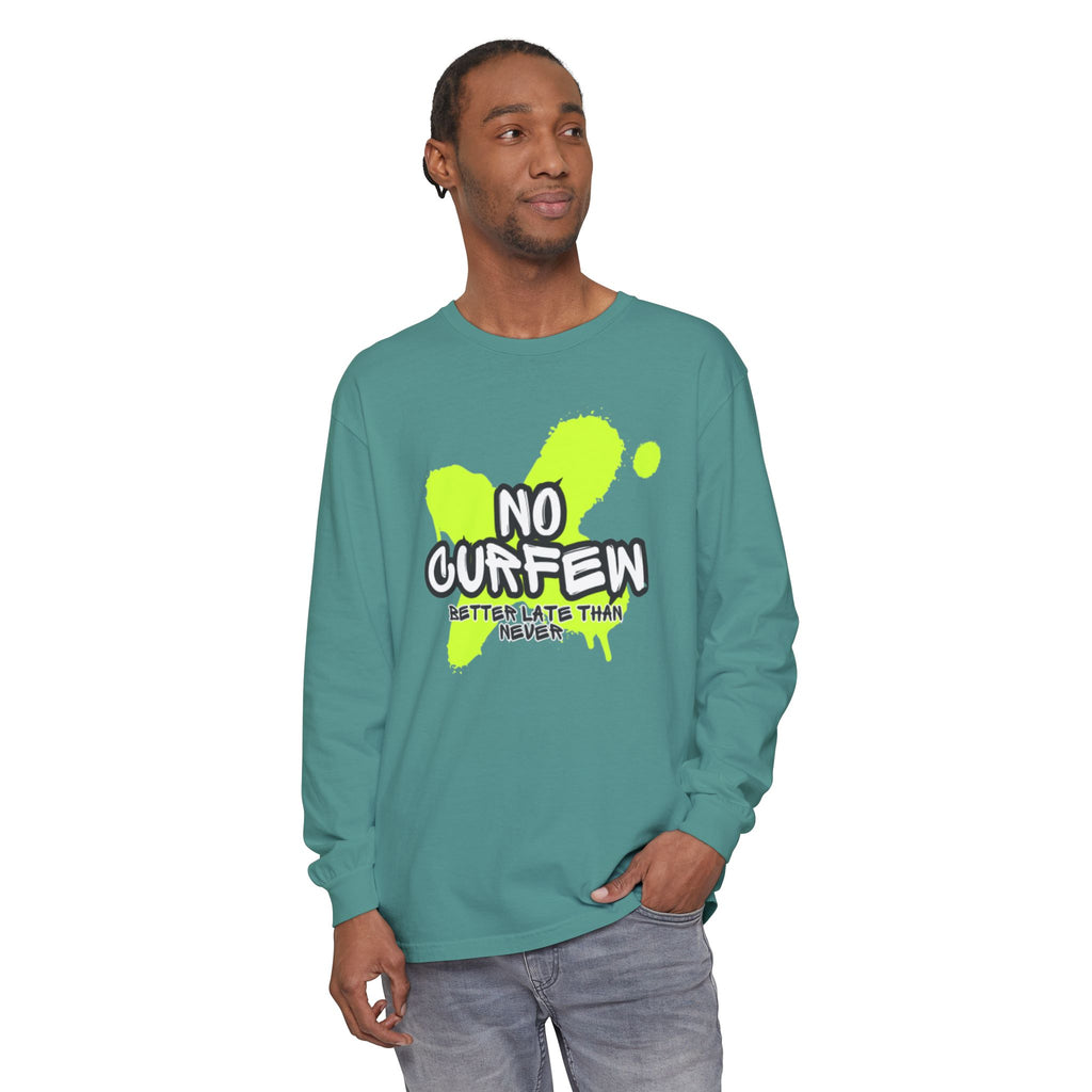 Unisex Long Sleeve Graphic Tee - Fun 'No Curfew' Design for Casual Wear, Gifts, Parties, Festivals, Youth Style