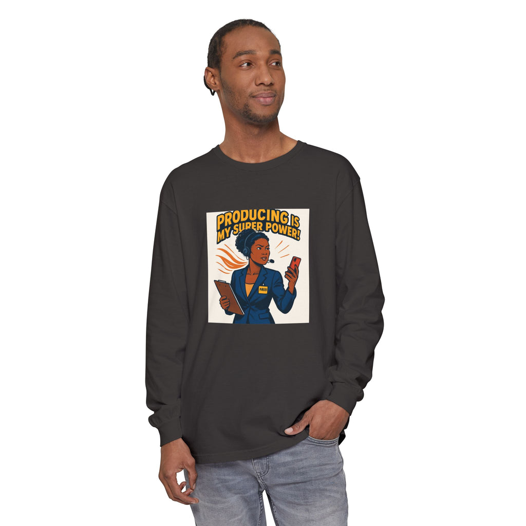 News Producer Power Long Sleeve Tee — "Producing Is My Superpower" Graphic