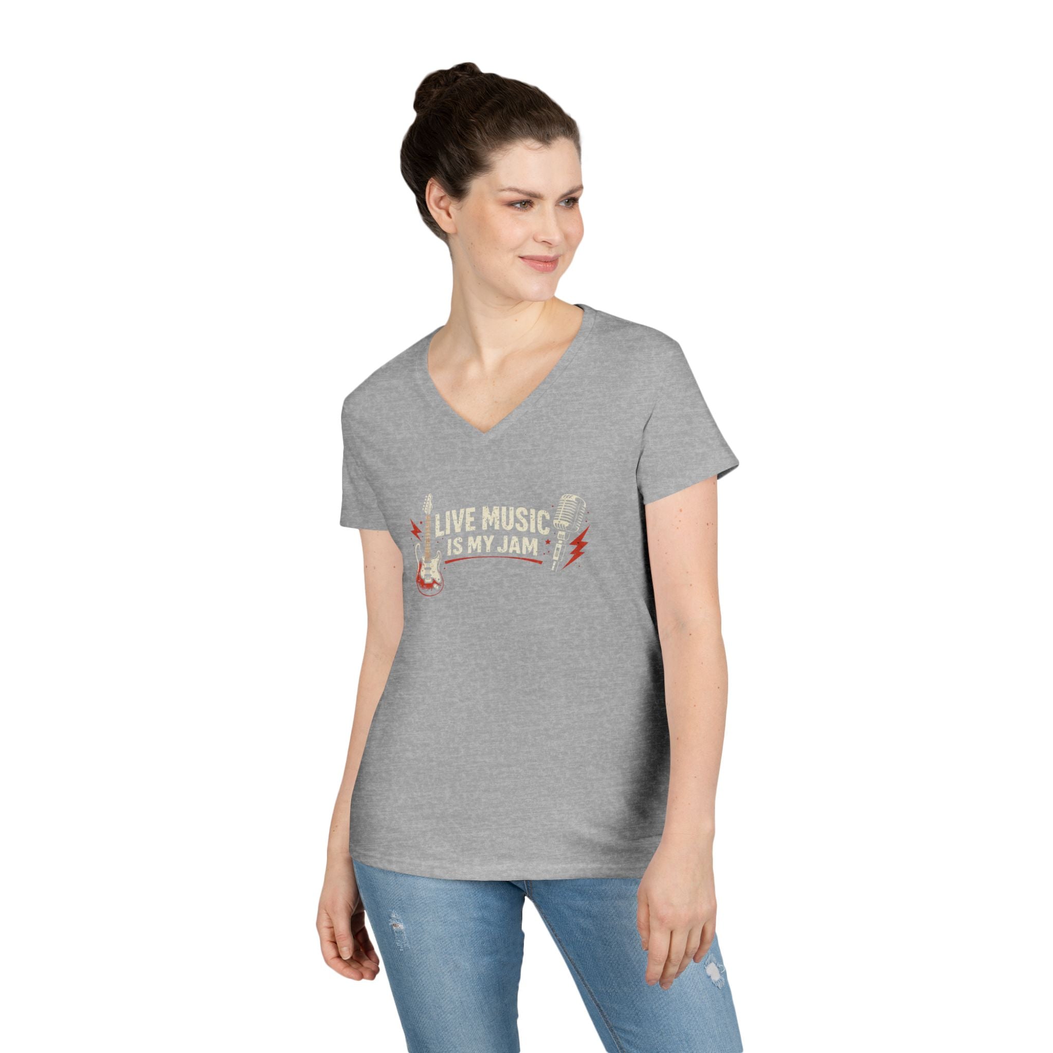 Live Music Is My Jam Ladies' V-Neck T-Shirt — Colorful 'Original Art' Back Print