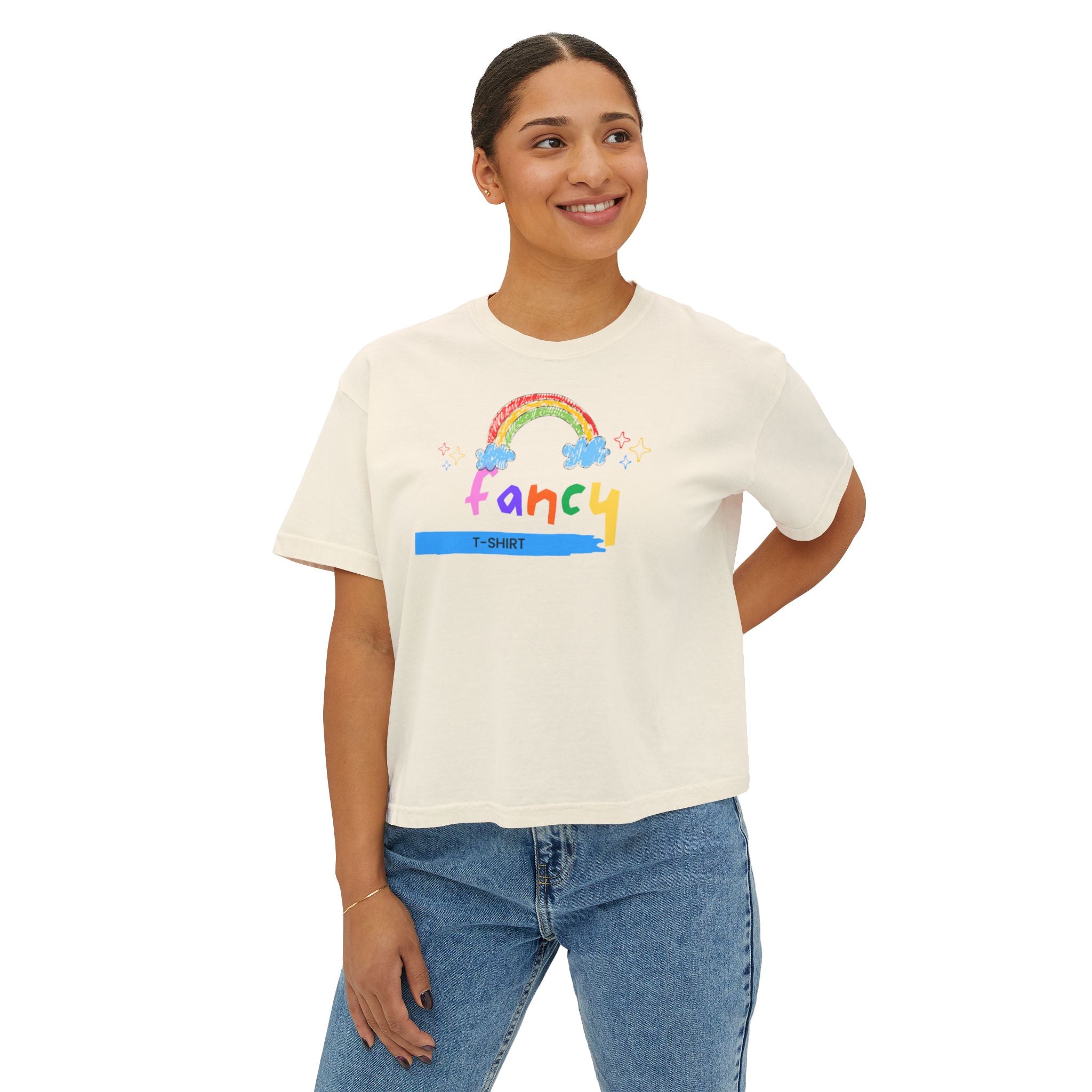 Fancy Rainbow Boxy Tee — Colorful 'Fancy' Graphic Women's Shirt