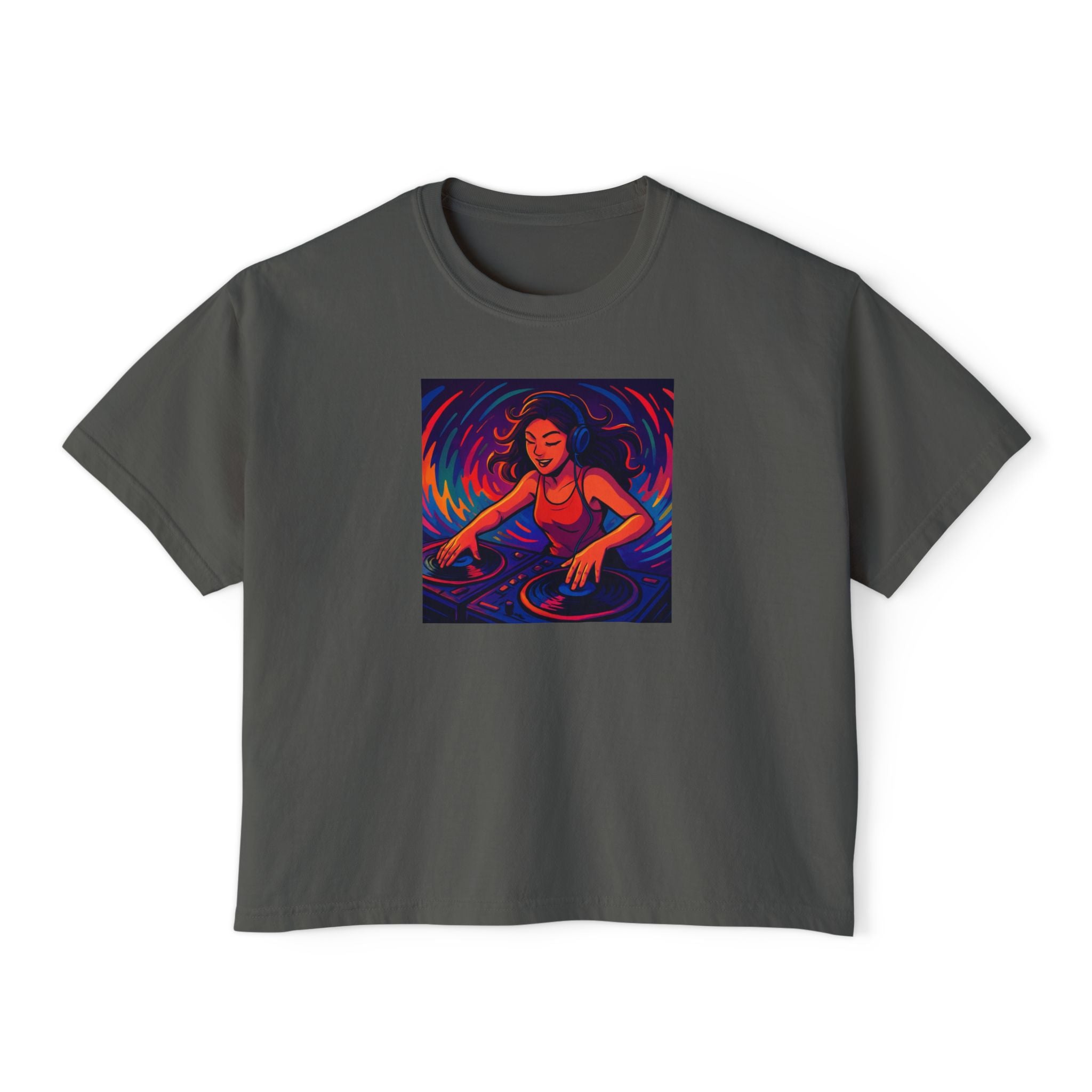 Vibrant Female DJ Painting Graphic Tee | Original Art Back Print