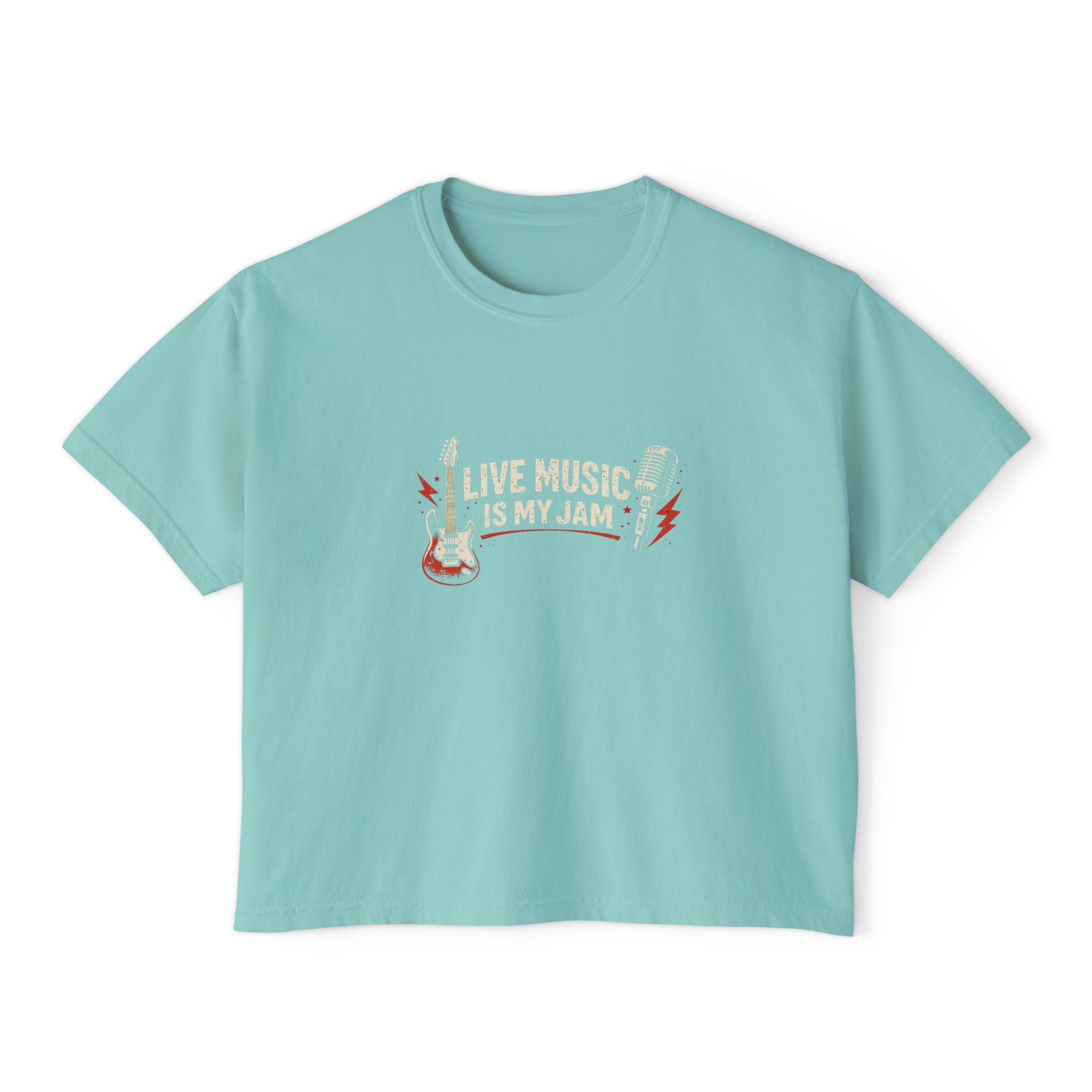 Live Music Is My Jam Boxy Tee — Retro Guitar Graphic Crop Tee
