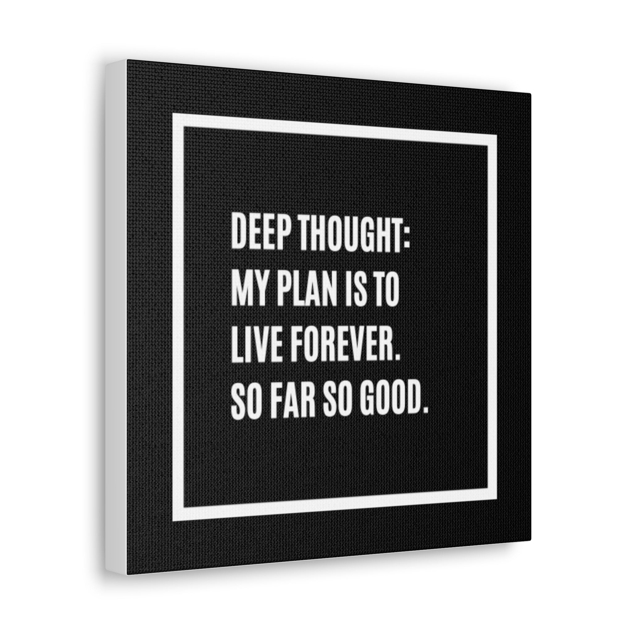Canvas Wall Art - "Deep Thought: My Plan Is To Live Forever. So Far So Good." Minimal Black Typography