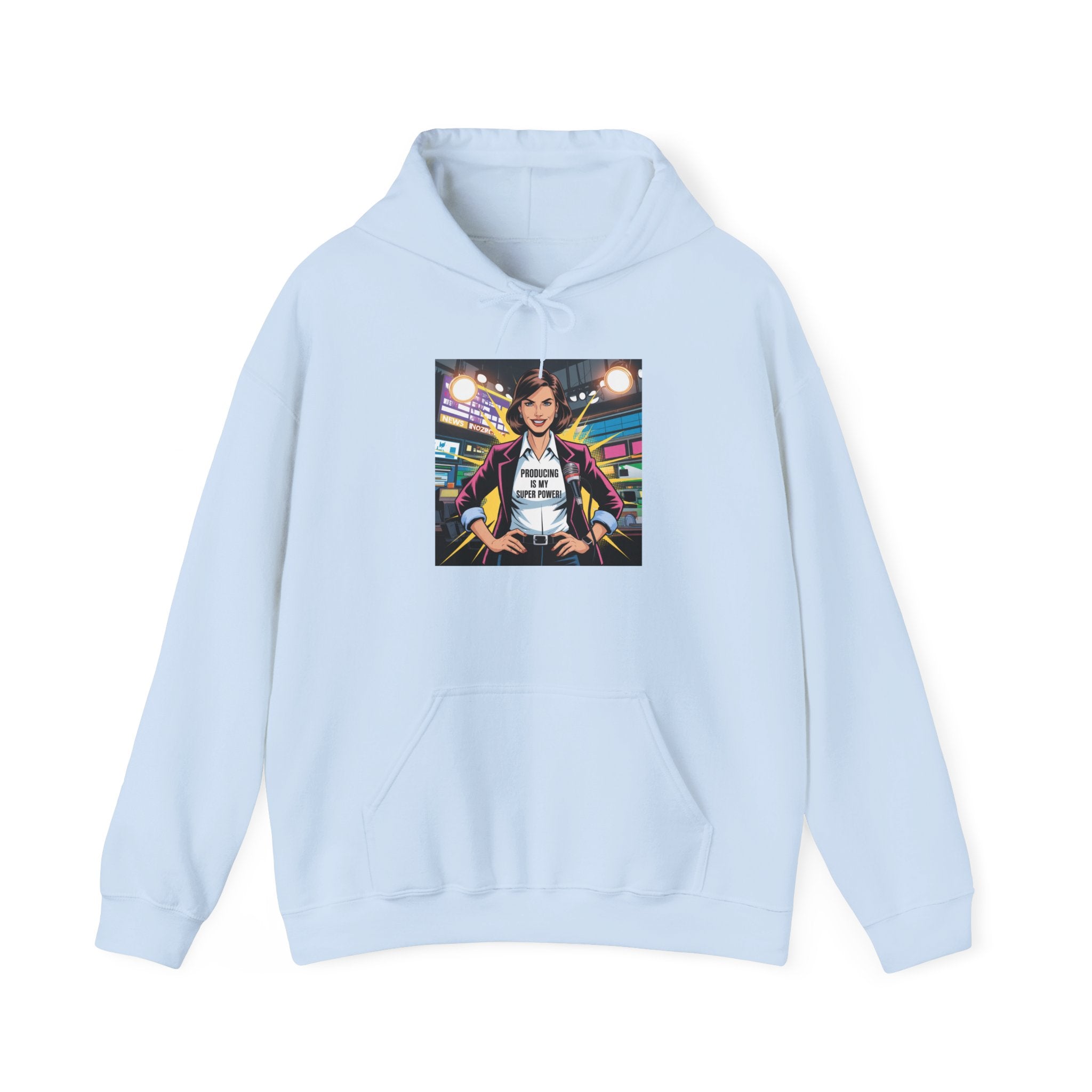 "Producing is My Super Power!" Retro Arcade Girl Graphic Hoodie — "Original Art" Back Print