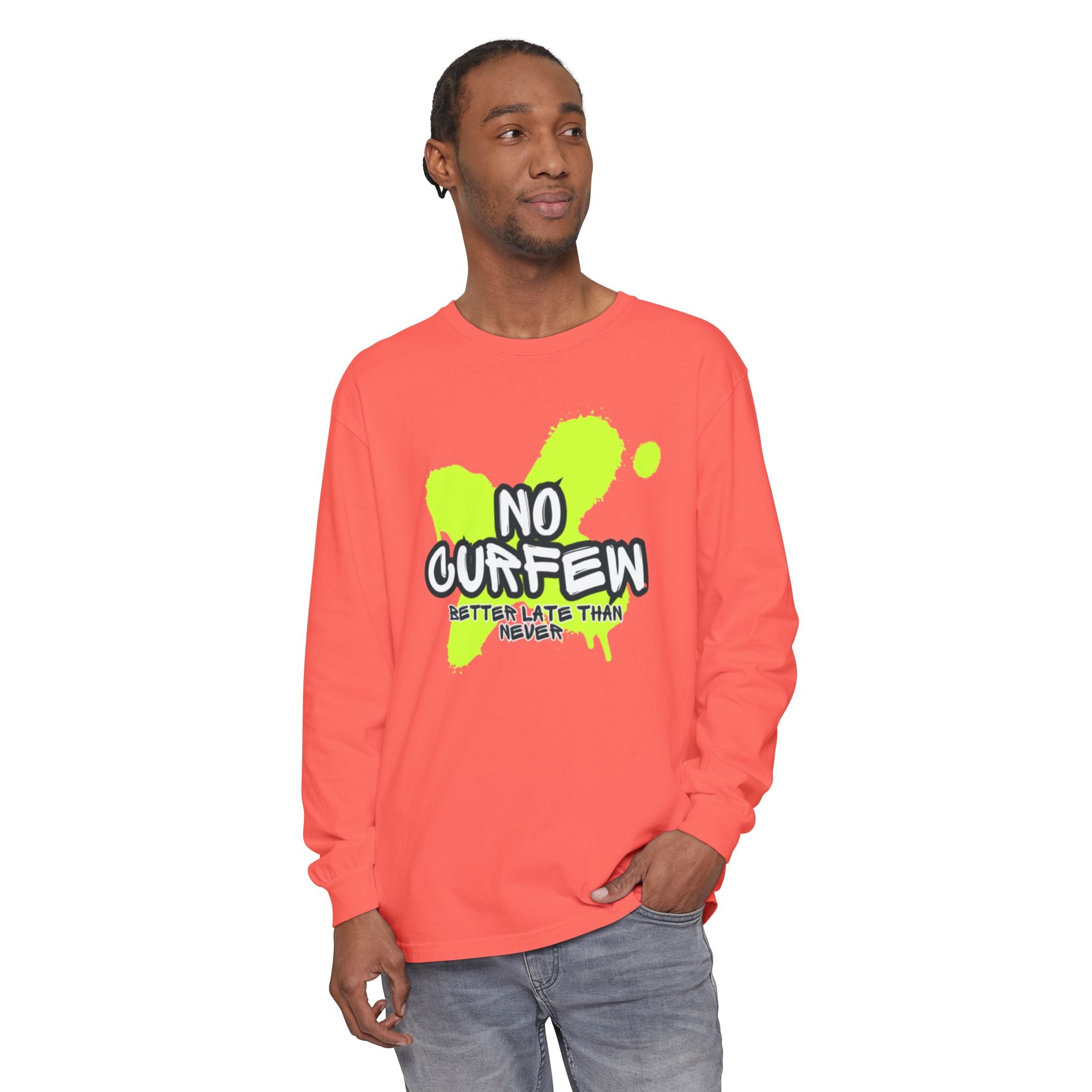 Unisex Long Sleeve Graphic Tee - Fun 'No Curfew' Design for Casual Wear, Gifts, Parties, Festivals, Youth Style