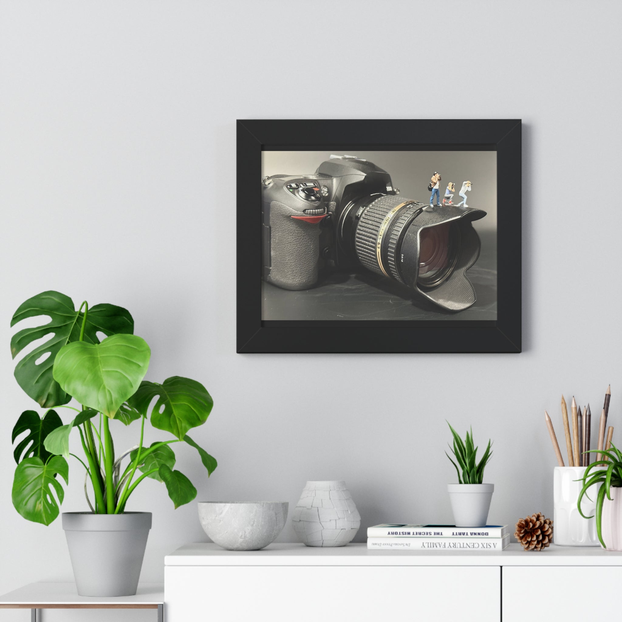 Framed Photo Art — Camera with Miniature Figures (Horizontal Poster)