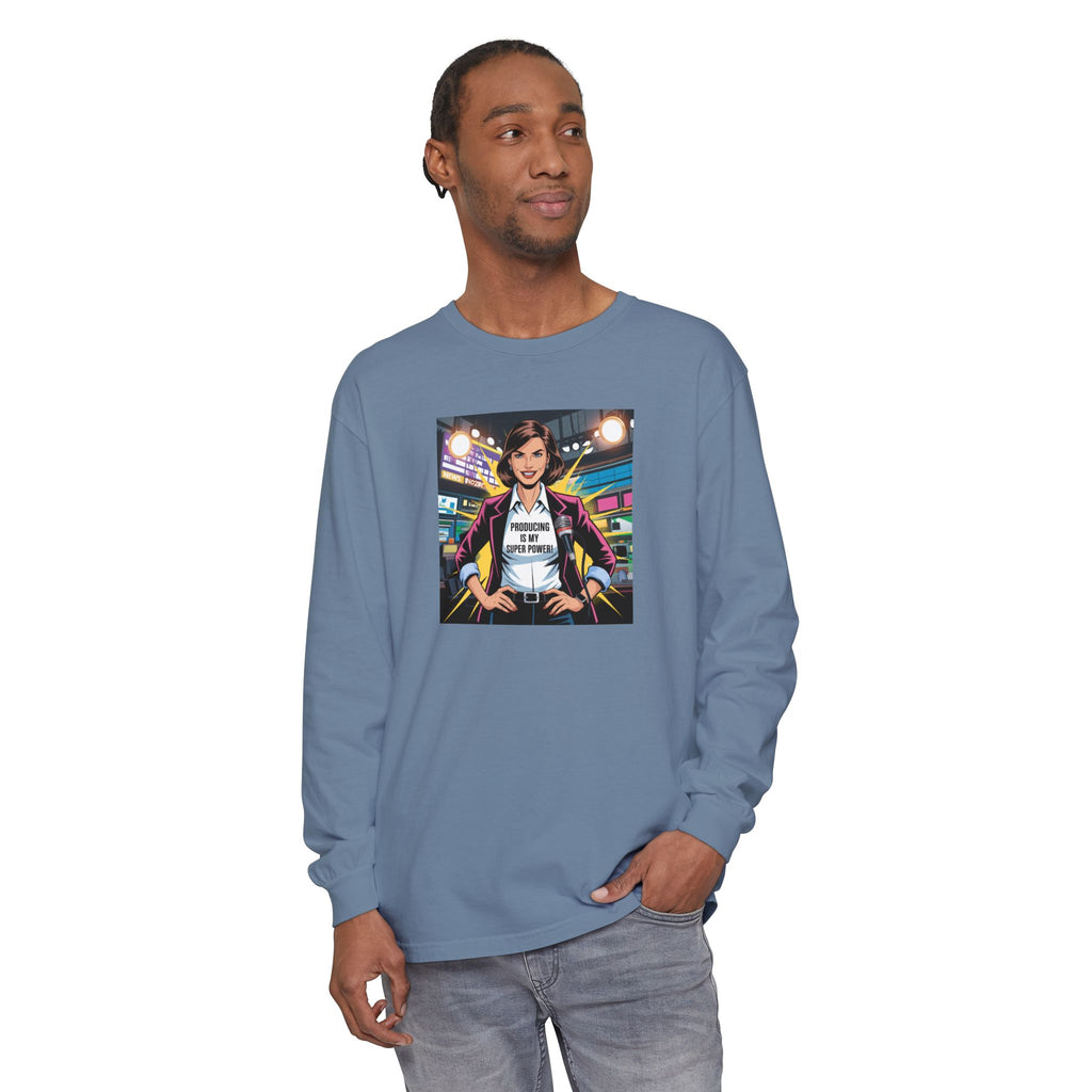 Producing is my super power! Long Sleeve T‑Shirt — Retro Comic Book Girl Graphic (Original Art)