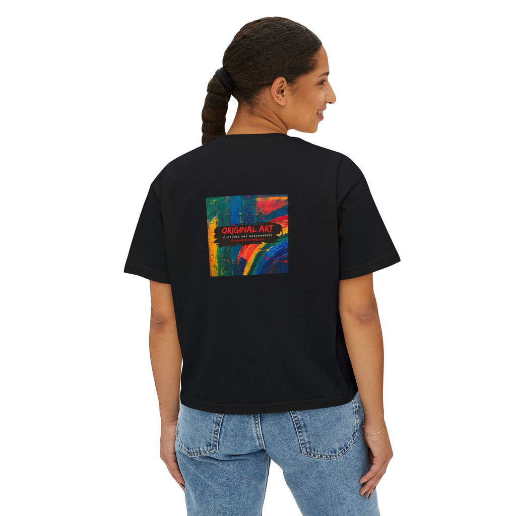 "TV News Producers Spiral INTO Control"... Women's Boxy Tee, Trendy Graphic Shirt, Casual Wear, Gift for TV Lovers, Summer Top, Artsy Tee