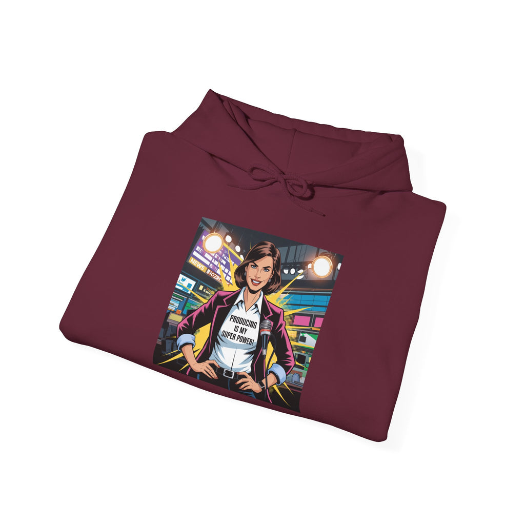 "Producing is My Super Power!" Retro Arcade Girl Graphic Hoodie — "Original Art" Back Print