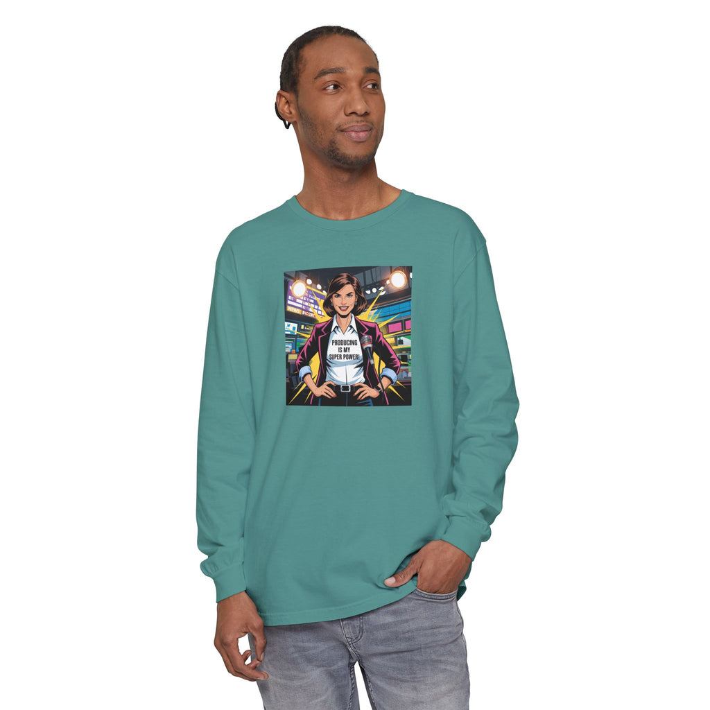Producing is my super power! Long Sleeve T‑Shirt — Retro Comic Book Girl Graphic (Original Art)