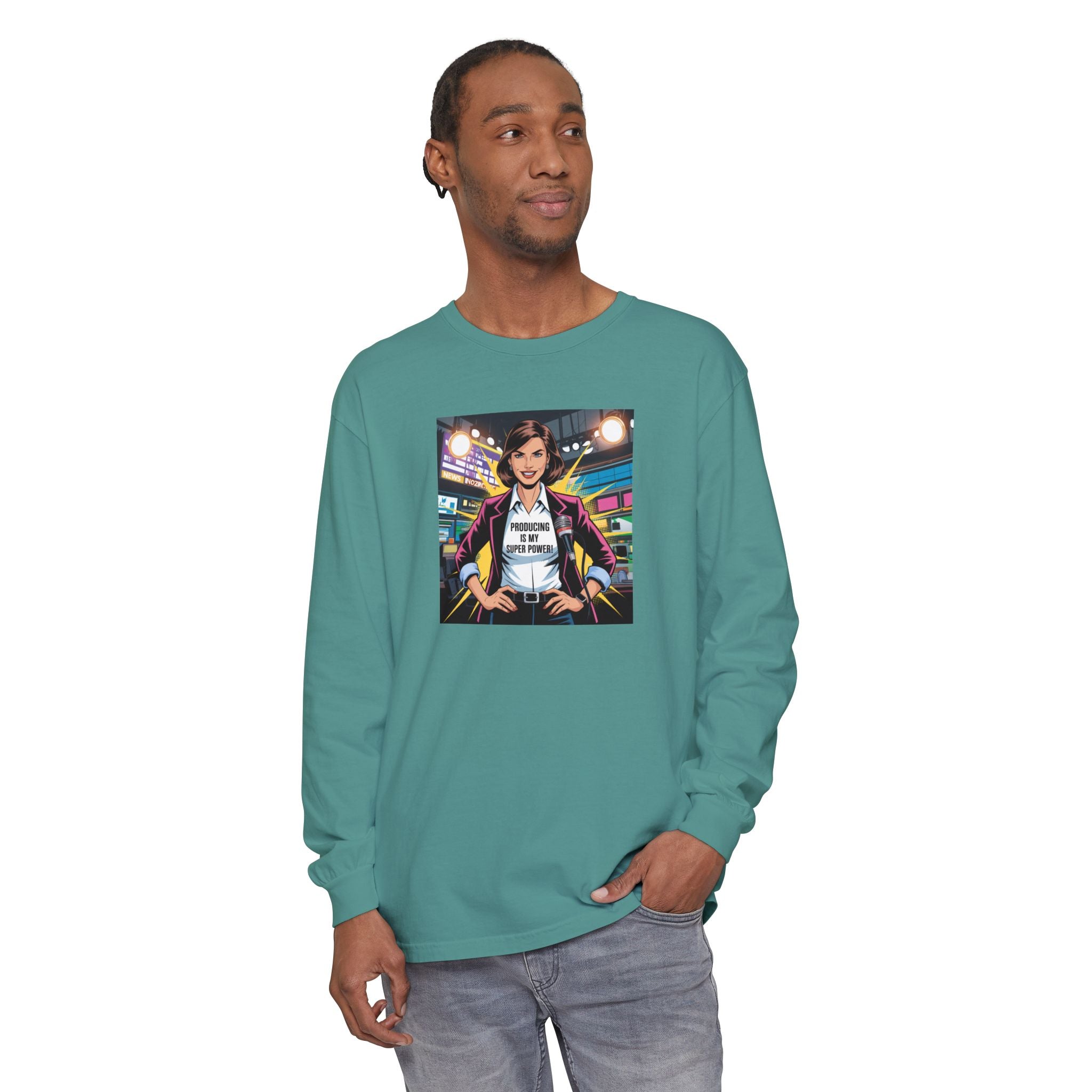 Producing is my super power! Long Sleeve T‑Shirt — Retro Comic Book Girl Graphic (Original Art)