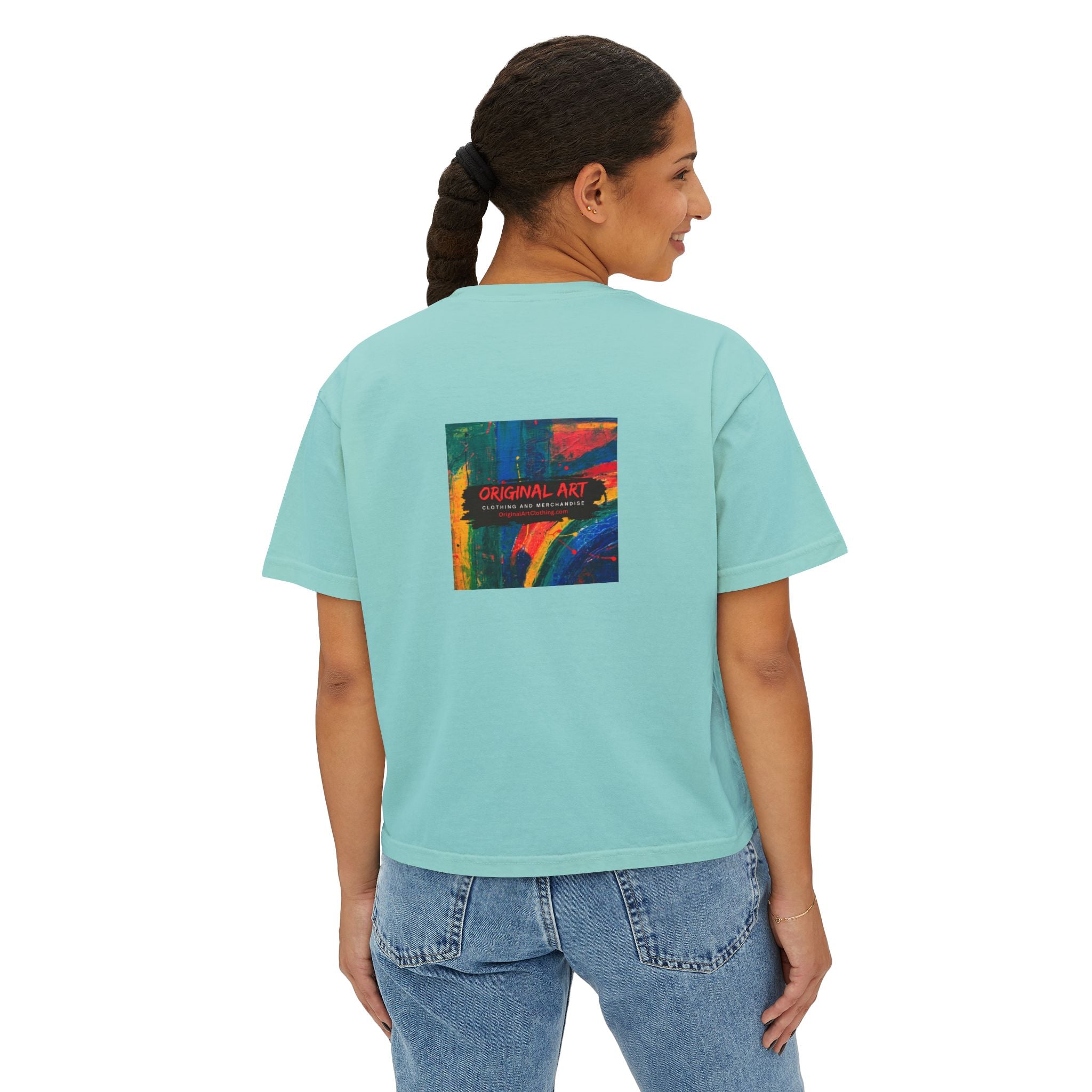 Teacher Tee — “I teach. Kids first. Glitter optional.” Boxy Crop T-Shirt with Colorful Back Art