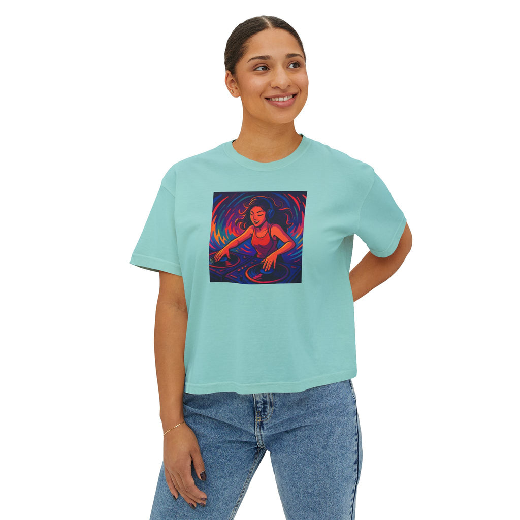 Vibrant Female DJ Painting Graphic Tee | Original Art Back Print
