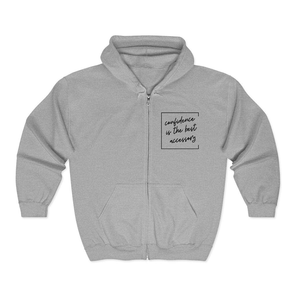 "confidence is the best accessory": Full-Zip Hoodie with Script Pocket Quote
